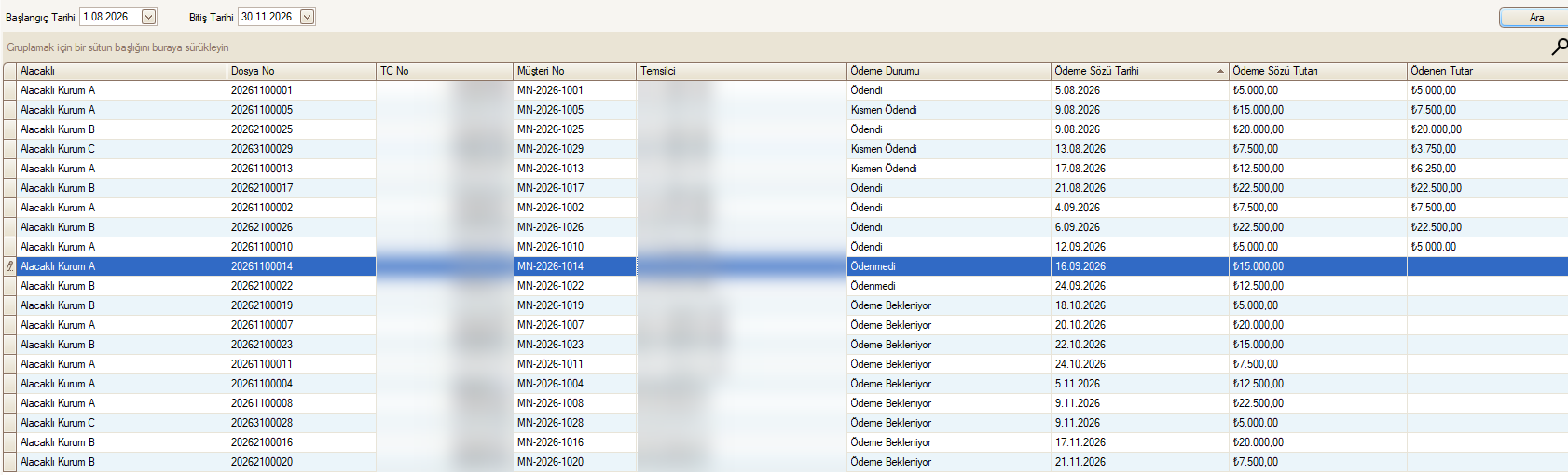 LawAst CRM ödeme sözü raporu ekranı